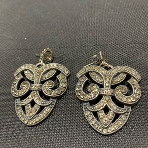 Art Deco earrings. Silver tone with smoky stones.